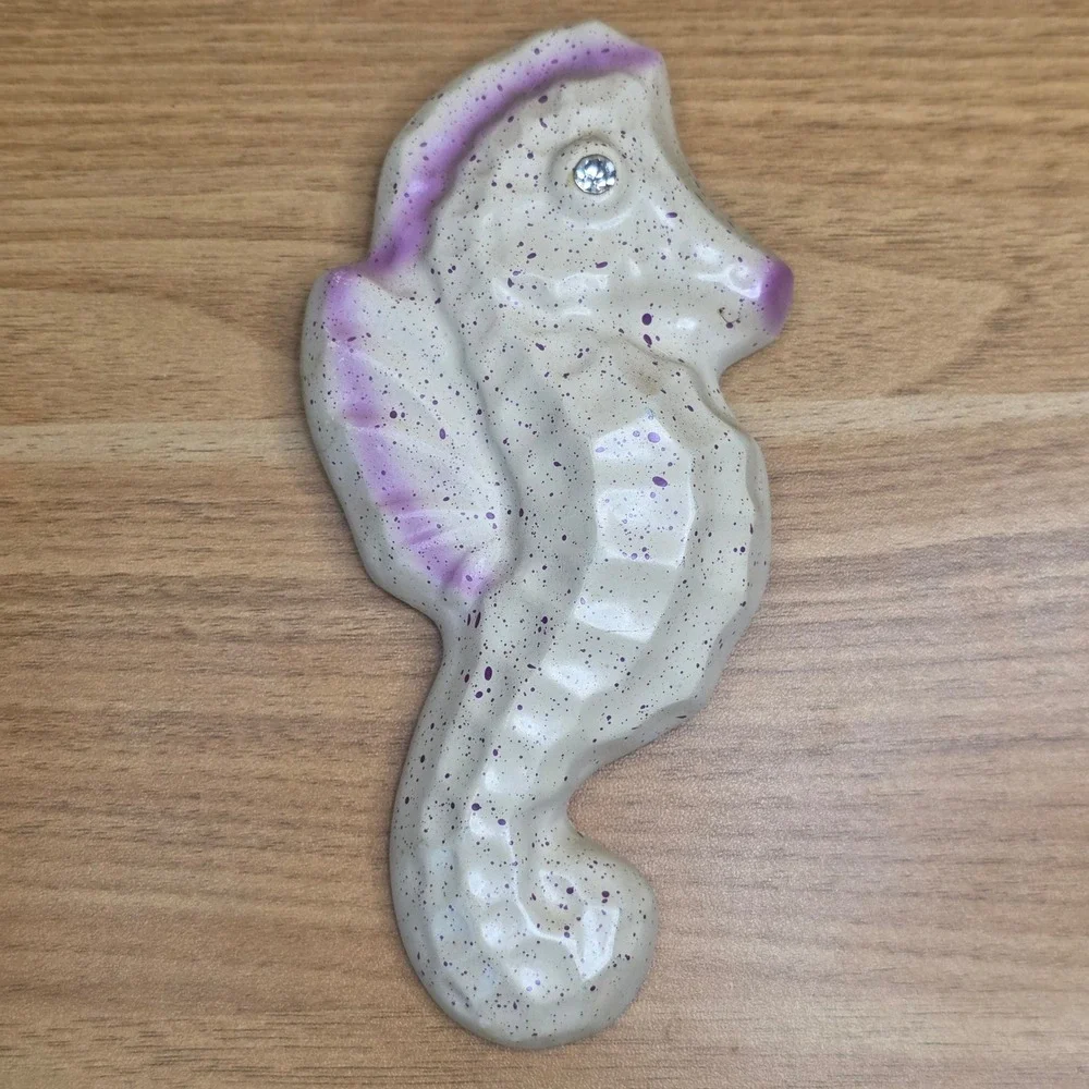 Vintage 3 Seahorse MCM Chalkware Wall Decorations Cream and Purple Beach House